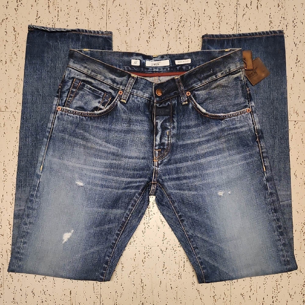 2 Men Italy Navy Blue Fade Distressed Straight Leg Baggy Fit Jeans
